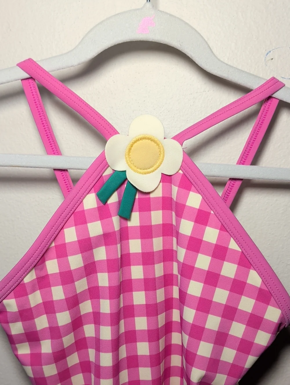 Hanna Anderson Pink + Yellow Gingham One-Piece Swimsuit Floral Detail Girls 6-7